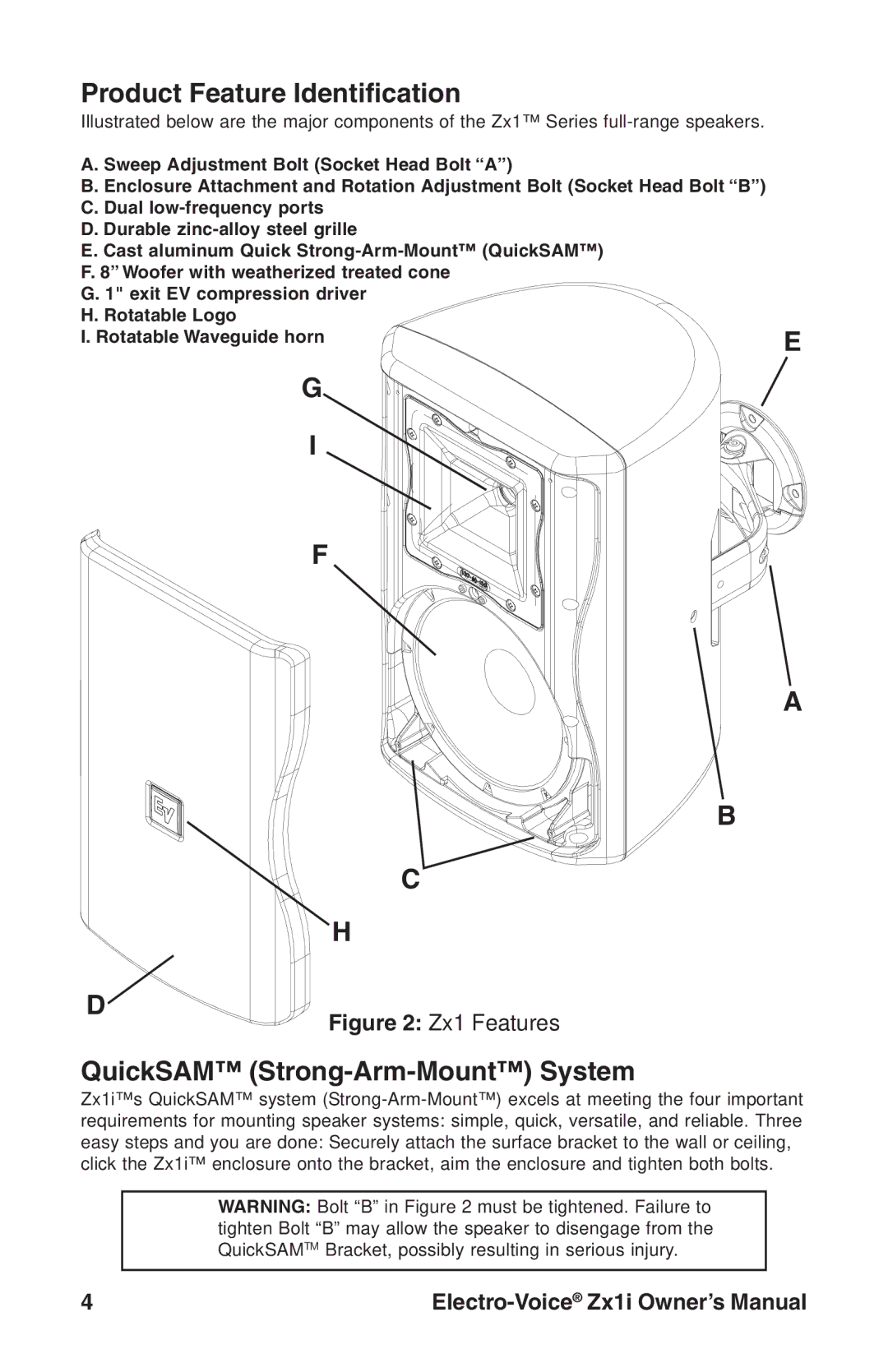 Electro-Voice Zx1i-100T, Zx1i-90 owner manual Product Feature Identification, QuickSAM Strong-Arm-Mount System 