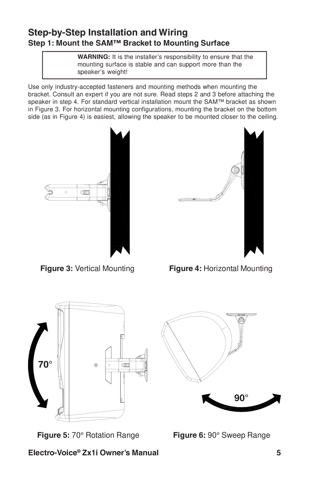 Electro-Voice Zx1i-90, Zx1i-100T Step-by-Step Installation and Wiring, Mount the SAM Bracket to Mounting Surface 