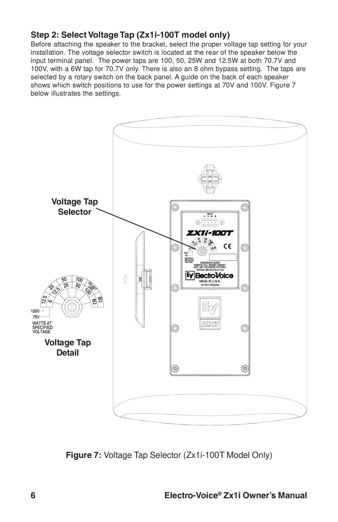 Electro-Voice Zx1i-90 owner manual Select Voltage Tap Zx1i-100T model only, Voltage Tap Selector Detail 