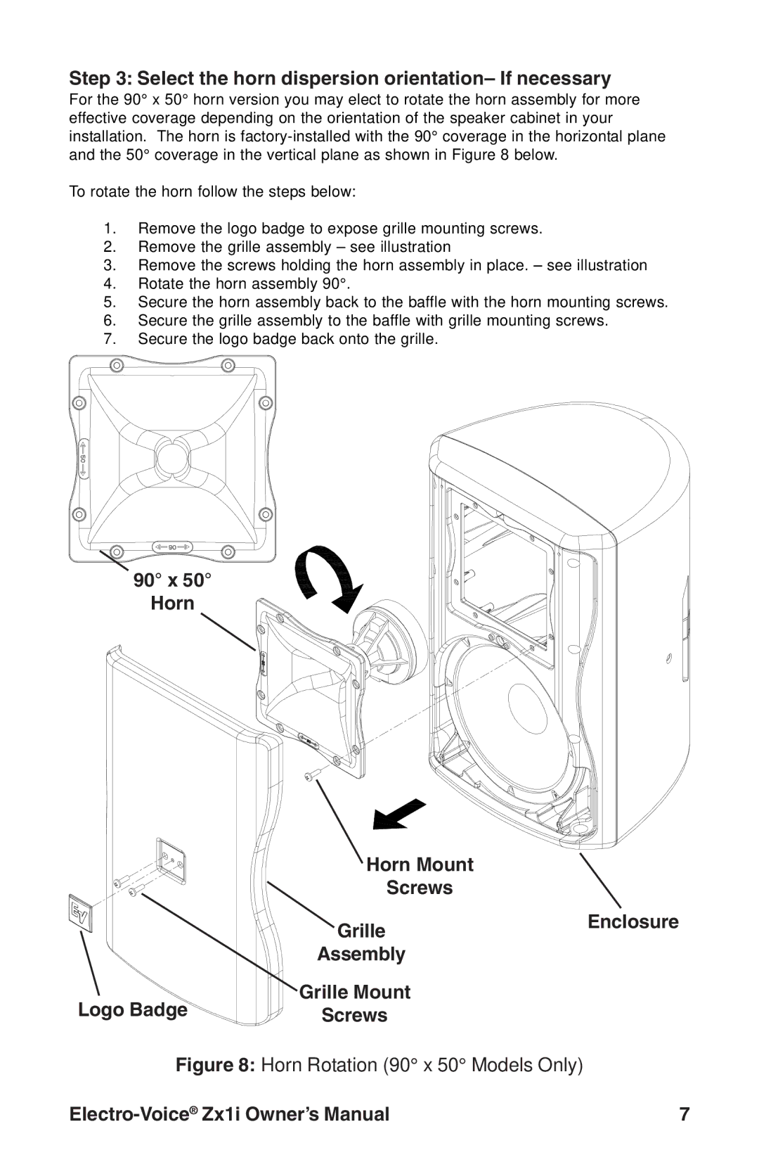 Electro-Voice Zx1i-100T, Zx1i-90 owner manual Select the horn dispersion orientation- If necessary, Enclosure 