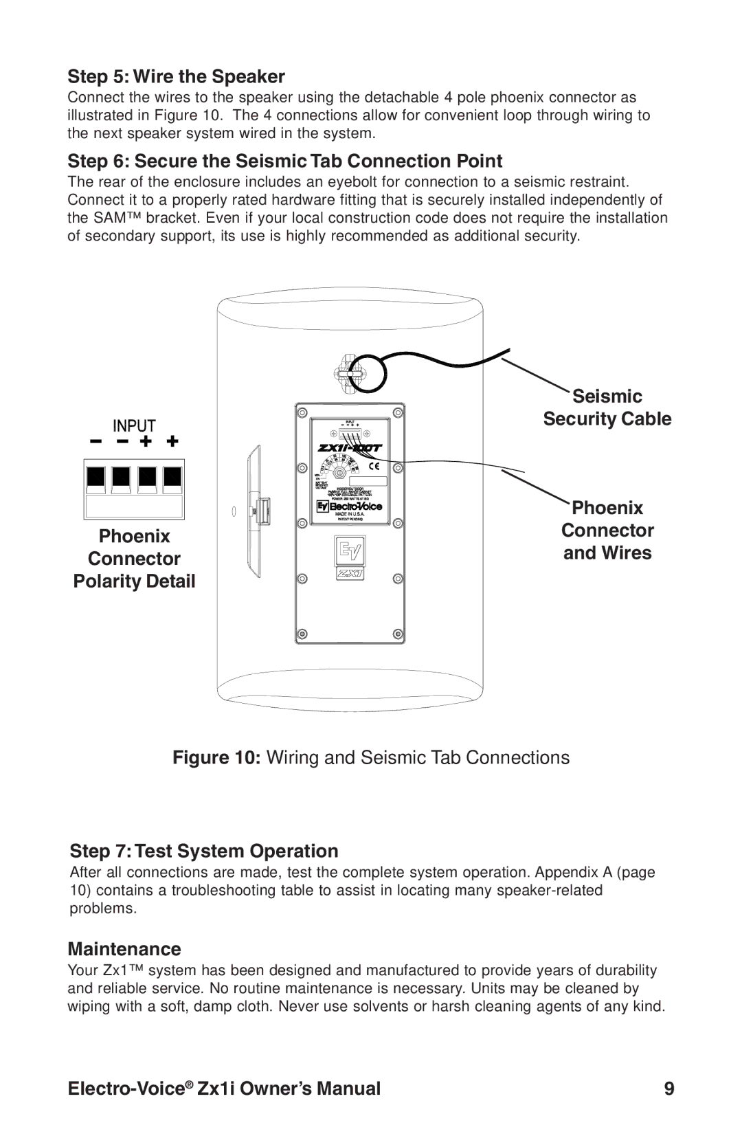 Electro-Voice Zx1i-100T Wire the Speaker, Secure the Seismic Tab Connection Point, Seismic Security Cable, Connector 