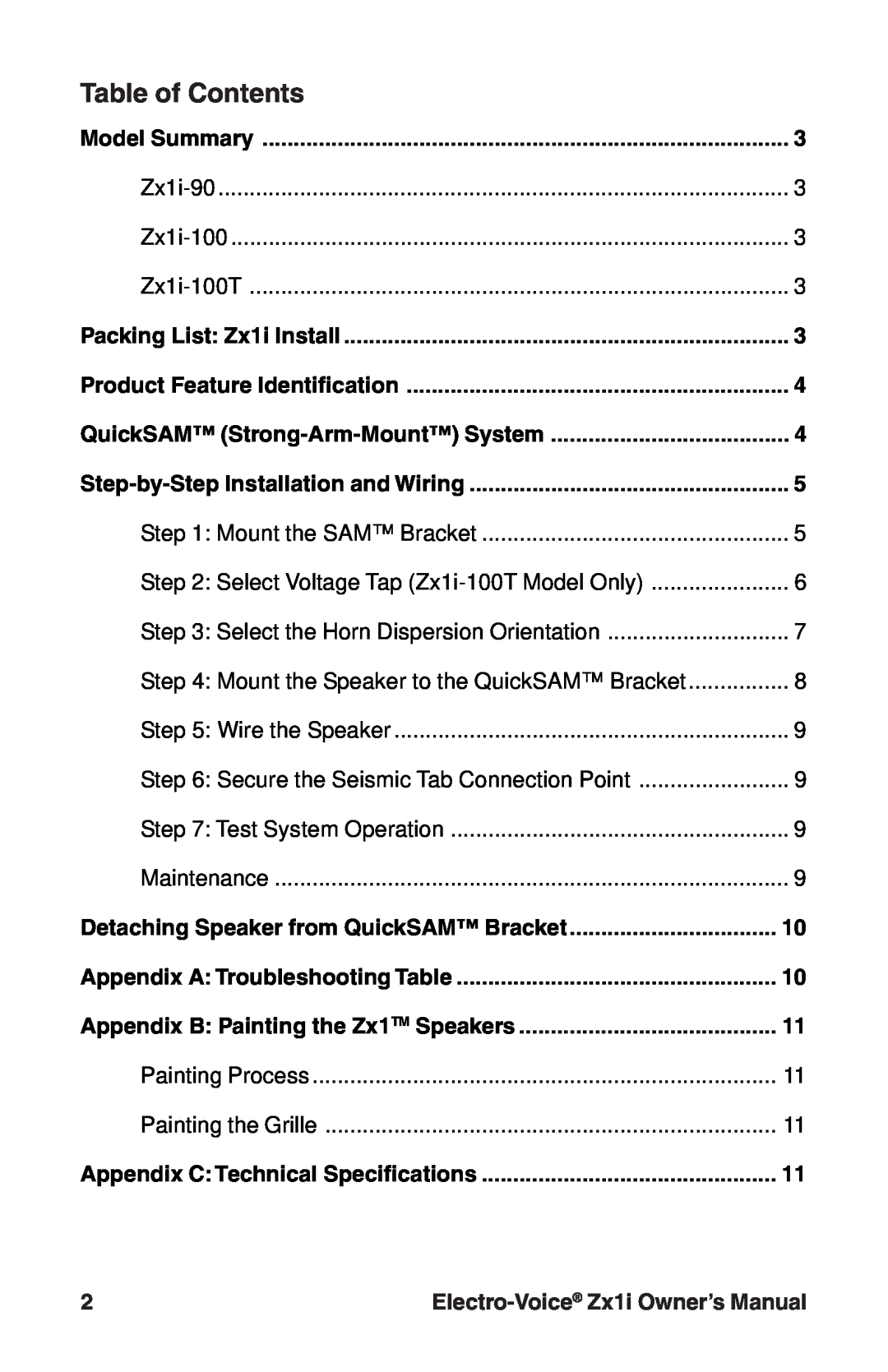 Electro-Voice Zx1i-90, Zx1i-100T owner manual Table of Contents, Electro-Voice Zx1i Owner’s Manual 