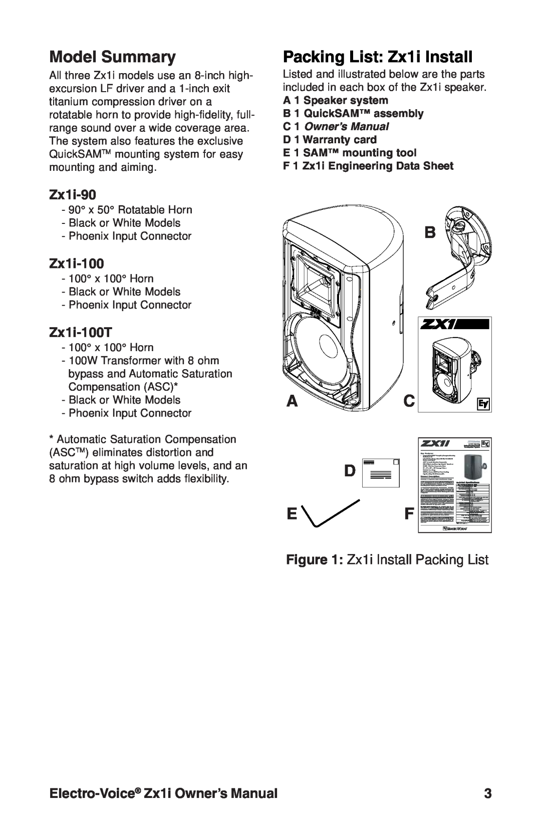 Electro-Voice Zx1i-100T Model Summary, B Ac, D Ef, Zx1i-90, Zx1i Install Packing List, Electro-Voice Zx1i Owner’s Manual 