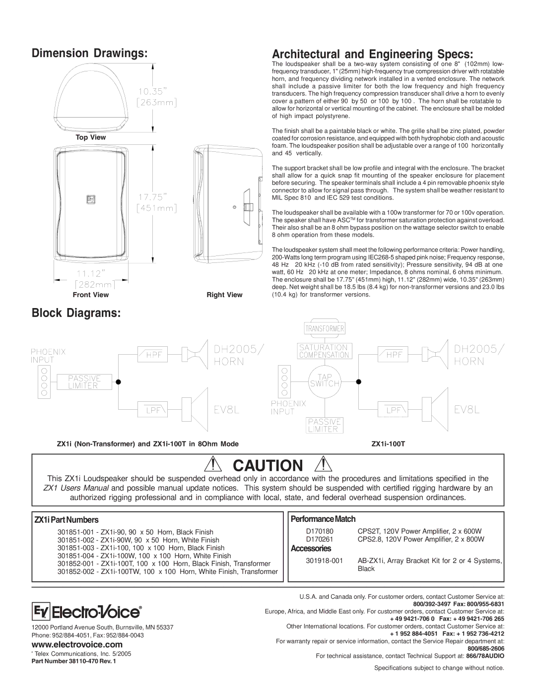 Electro-Voice ZX1iSeries technical specifications Dimension Drawings Architectural and Engineering Specs, Block Diagrams 