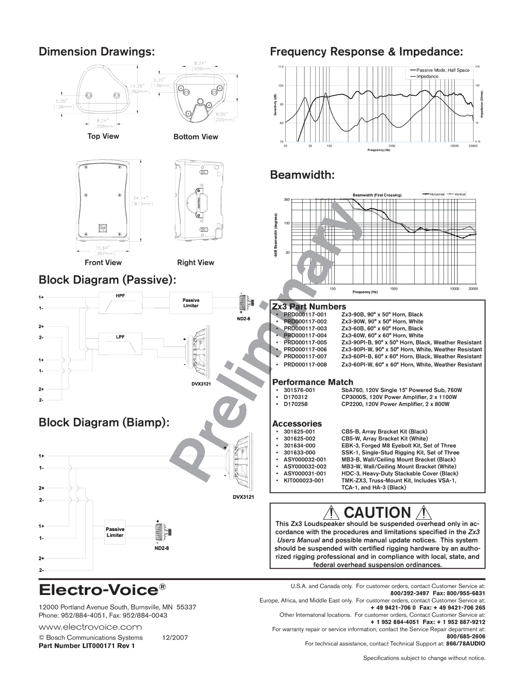 Electro-Voice ZX3-60 Dimension Drawings, Beamwidth, Zx3 Part Numbers, Performance Match, Accessories 