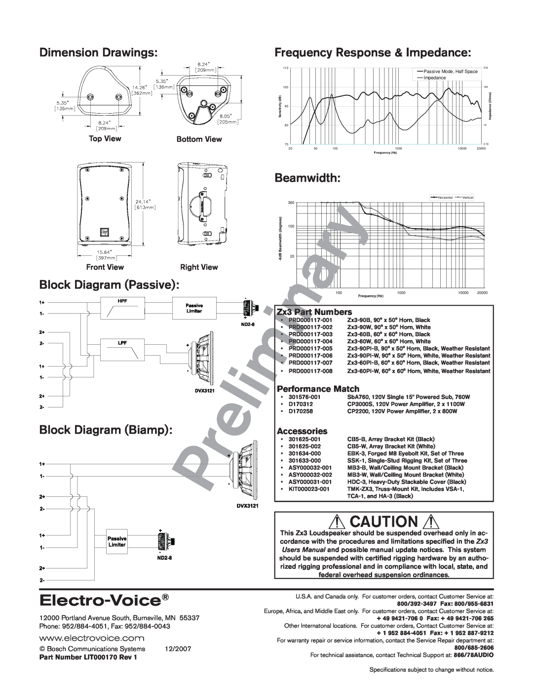 Electro-Voice ZX3-90 Dimension Drawings, Block Diagram Passive Block Diagram Biamp, Frequency Response & Impedance 