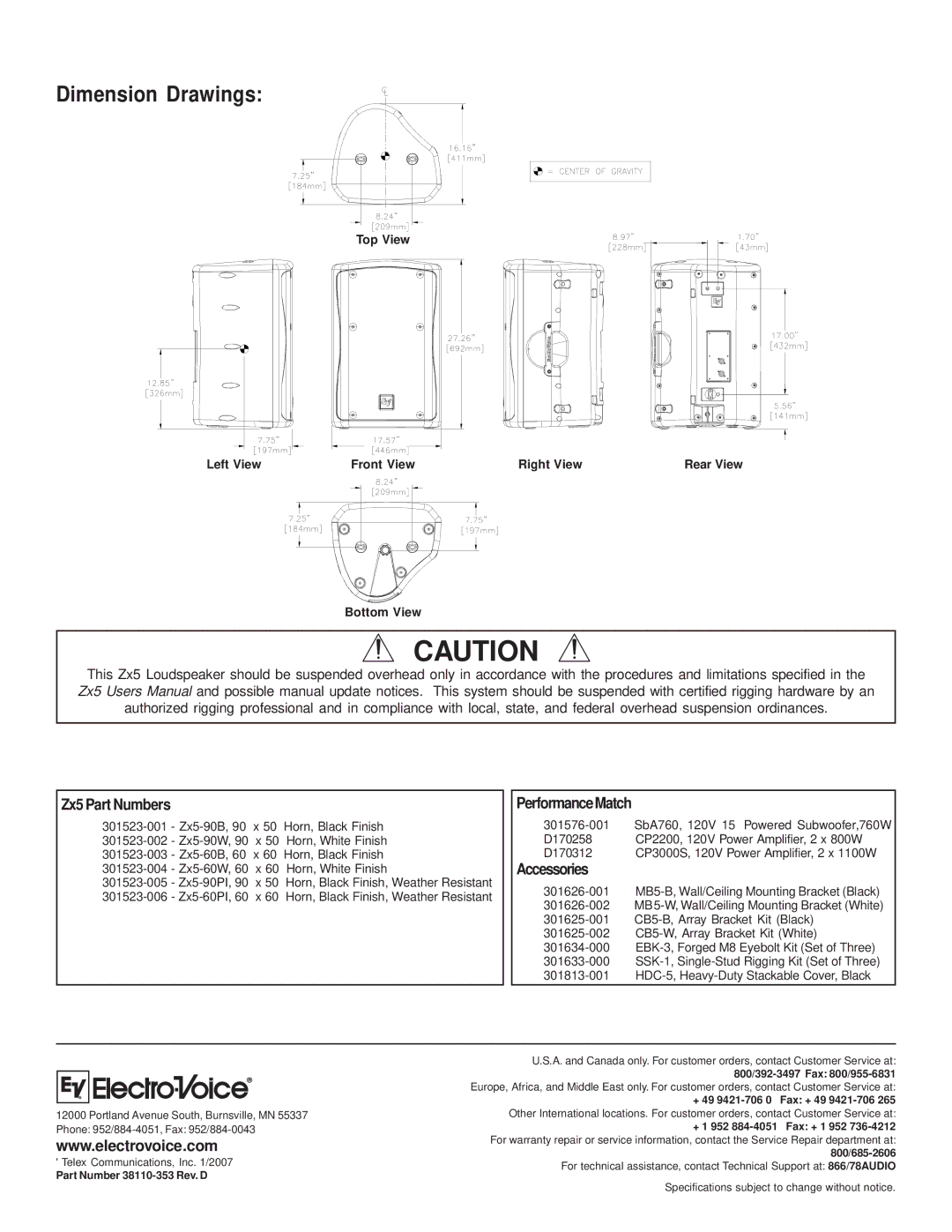 Electro-Voice ZX5-60 technical specifications Dimension Drawings, Zx5 Part Numbers 