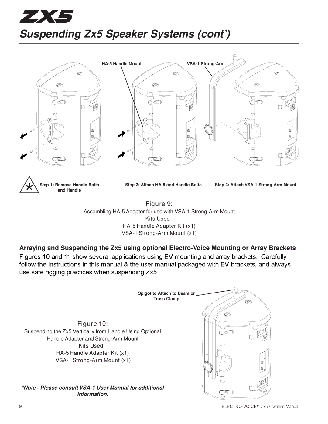 Electro-Voice ZX5 Series owner manual Kits Used HA-5 Handle Adapter Kit VSA-1 Strong-Arm Mount 