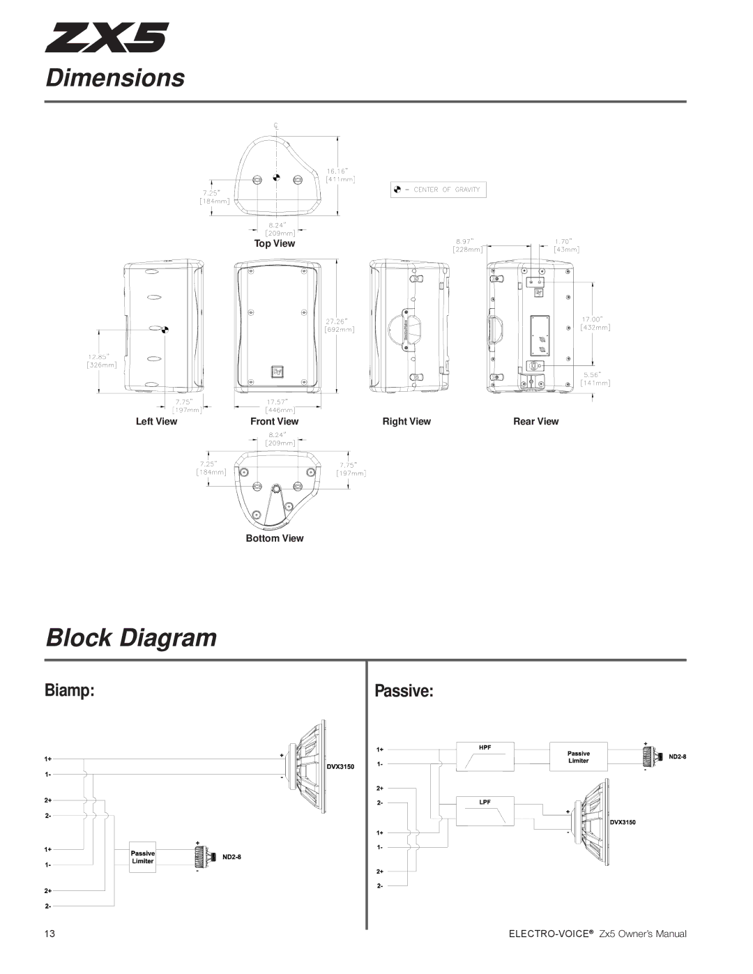 Electro-Voice ZX5 Series owner manual Dimensions, Block Diagram 