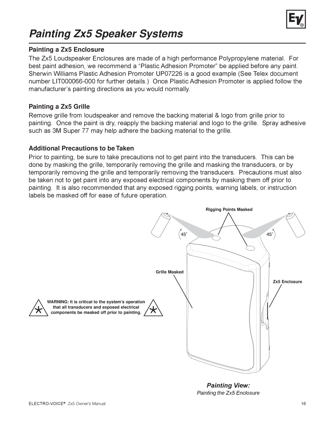 Electro-Voice ZX5 Series owner manual Painting Zx5 Speaker Systems, Painting a Zx5 Enclosure, Painting a Zx5 Grille 