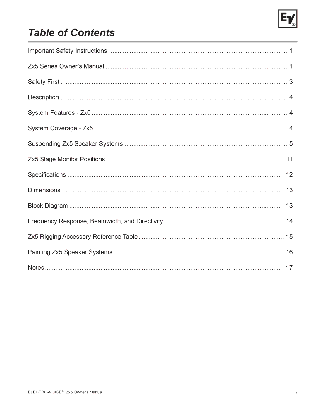 Electro-Voice ZX5 Series owner manual Table of Contents 