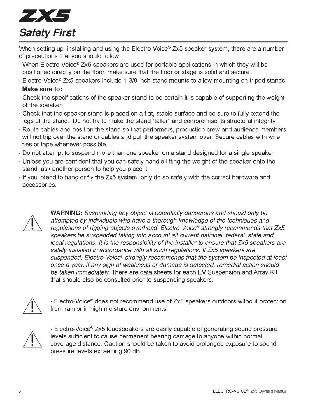 Electro-Voice ZX5 Series owner manual Safety First, Make sure to 