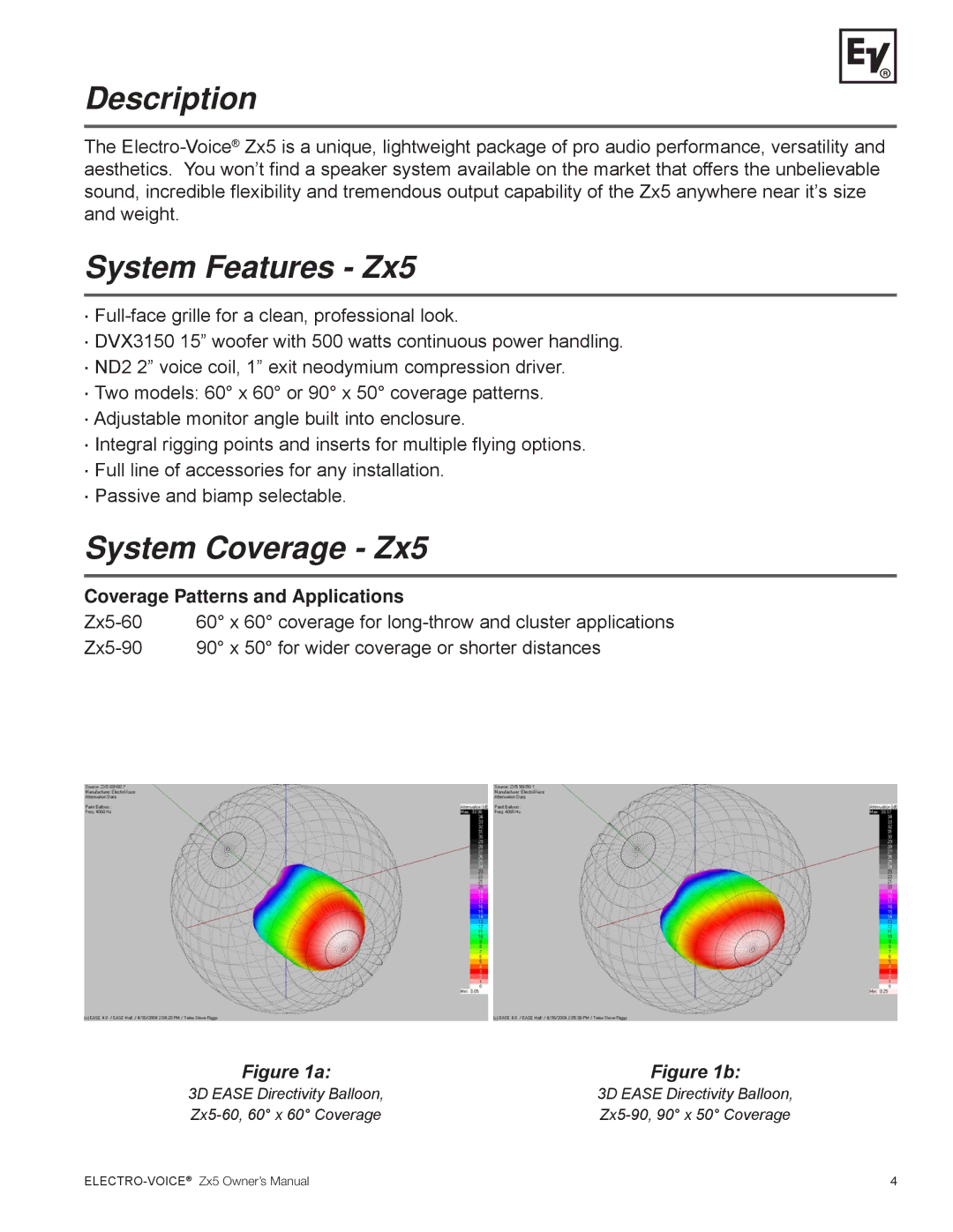 Electro-Voice ZX5 Series Description, System Features Zx5, System Coverage Zx5, Coverage Patterns and Applications 