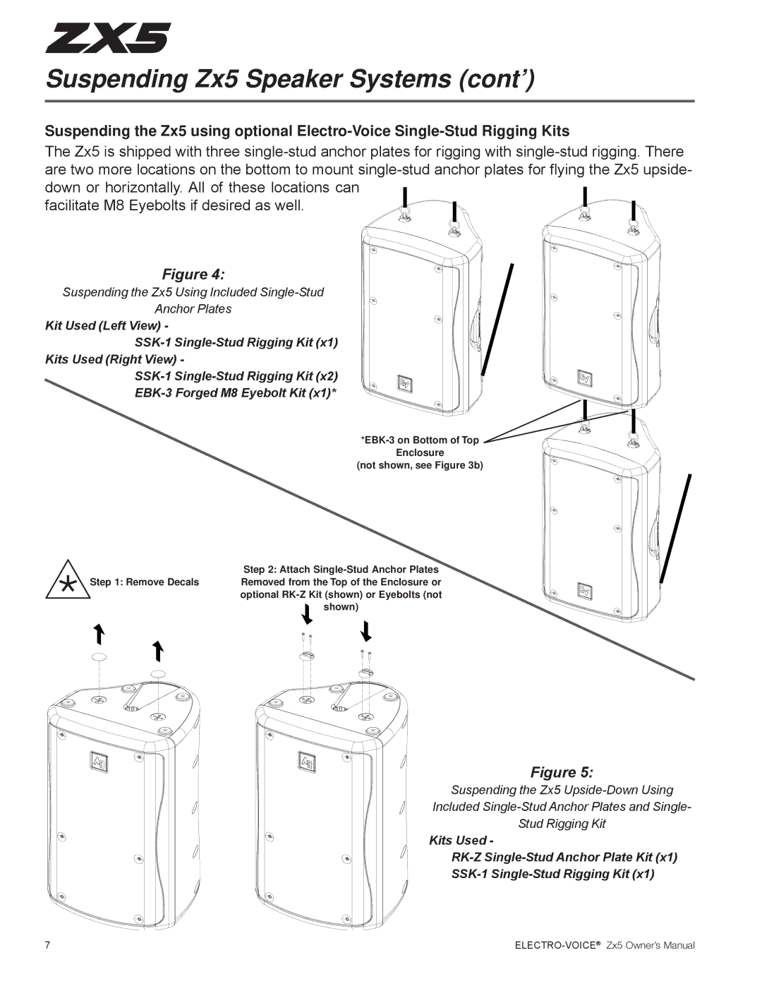 Electro-Voice ZX5 Series owner manual Suspending the Zx5 Using Included Single-Stud Anchor Plates 