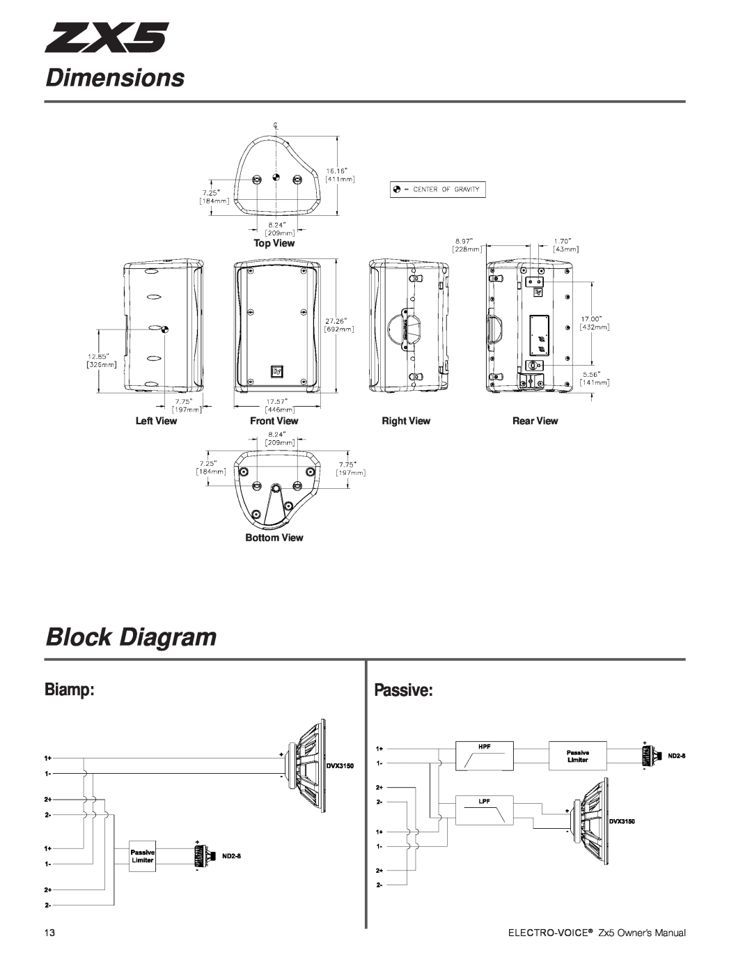 Electro-Voice ZX5 Series Dimensions, Block Diagram, Biamp, Passive, Top View, Left View, Right View, Bottom View 