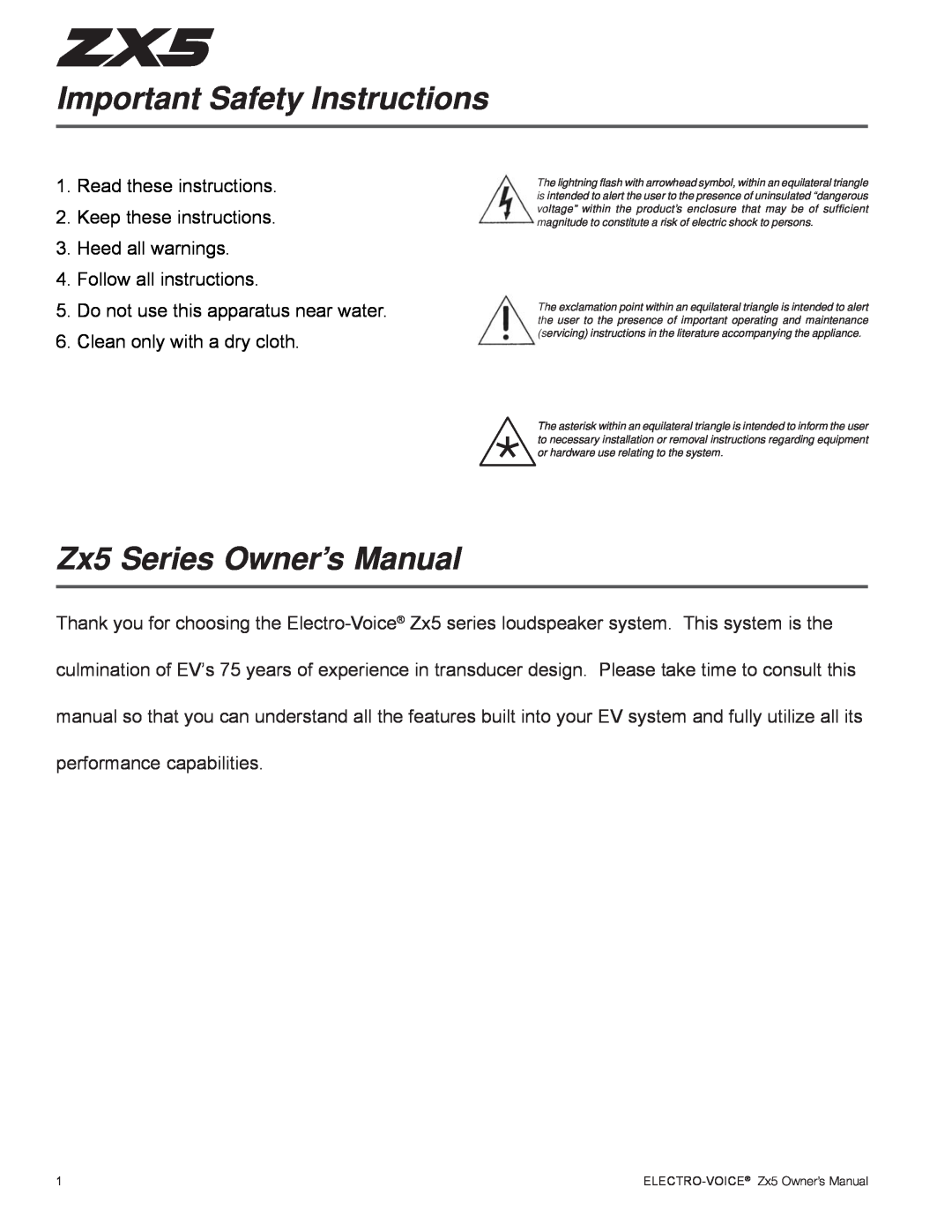 Electro-Voice ZX5 Series owner manual Important Safety Instructions, Read these instructions, Follow all instructions 