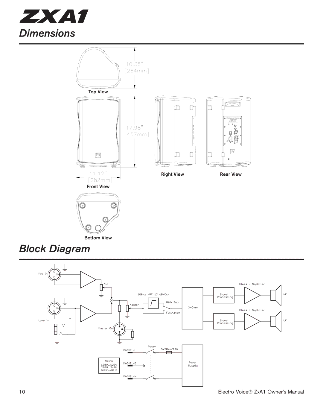 Electro-Voice ZXA1-100, ZXA1-90 owner manual Dimensions, Block Diagram 