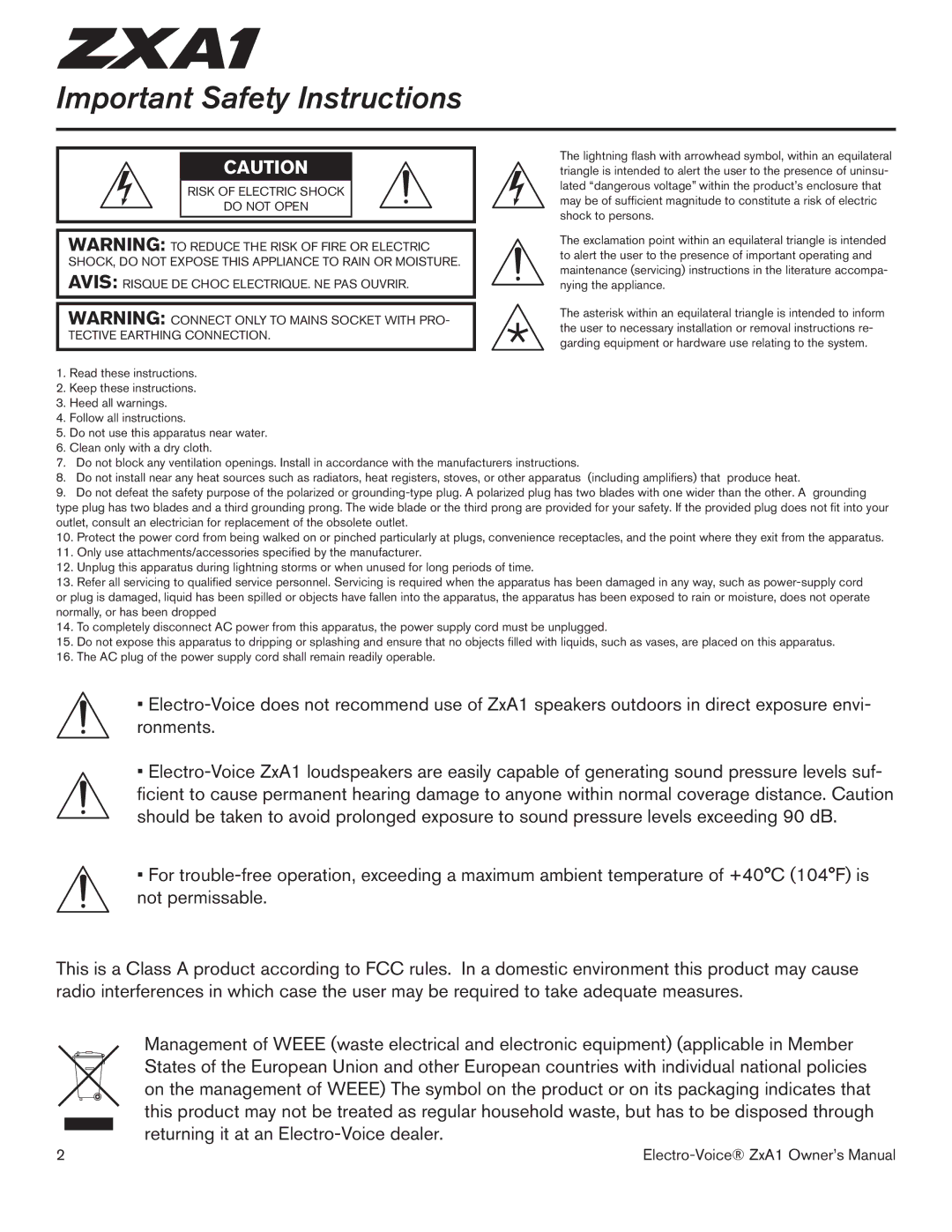 Electro-Voice ZXA1-100, ZXA1-90 owner manual Important Safety Instructions 