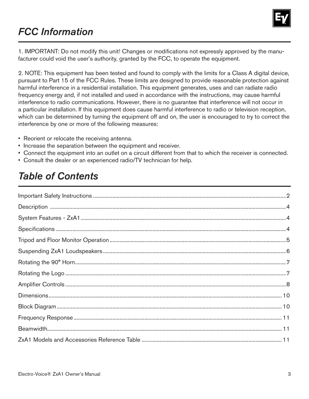 Electro-Voice ZXA1-90, ZXA1-100 owner manual FCC Information, Table of Contents 