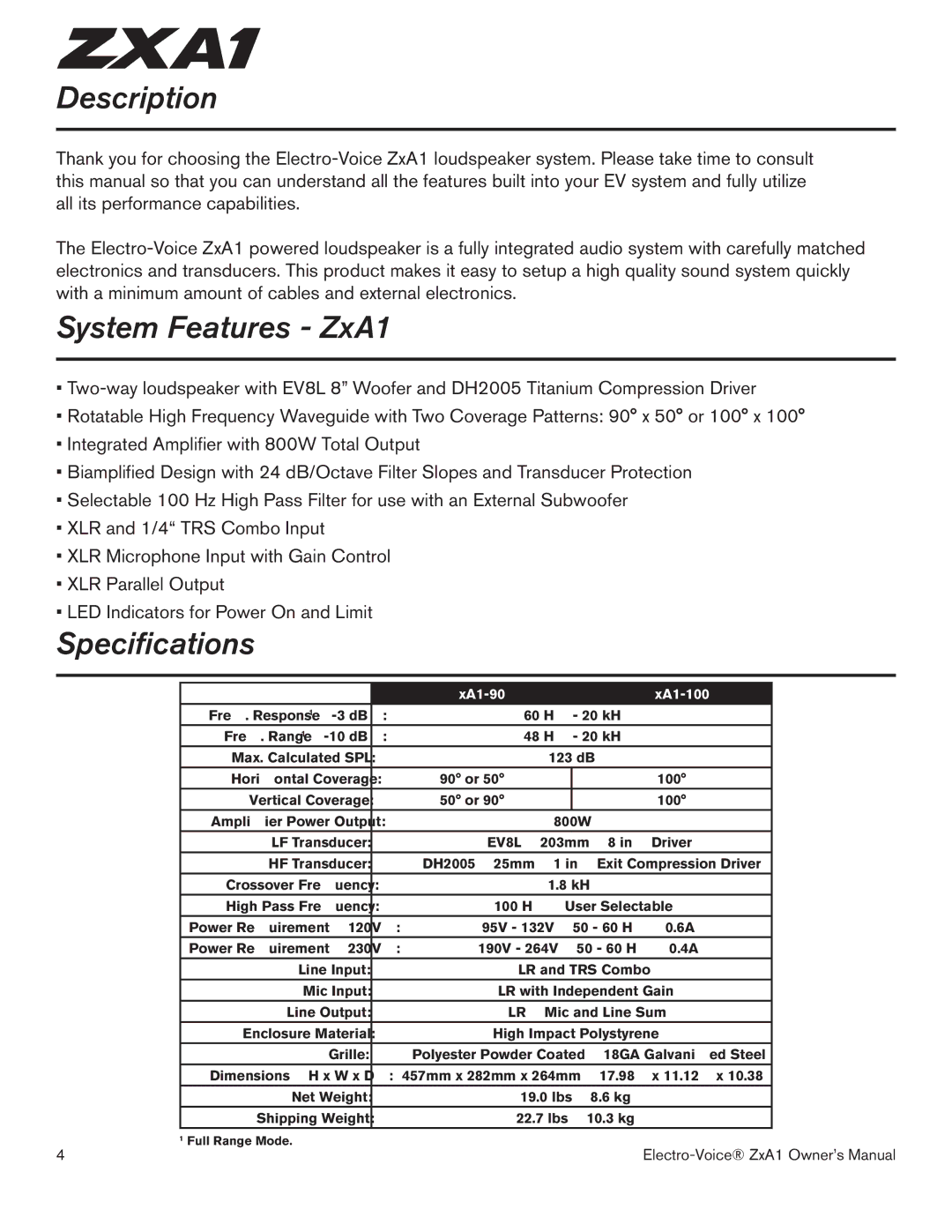 Electro-Voice ZXA1-100, ZXA1-90 owner manual Description, System Features ZxA1, Specifications 