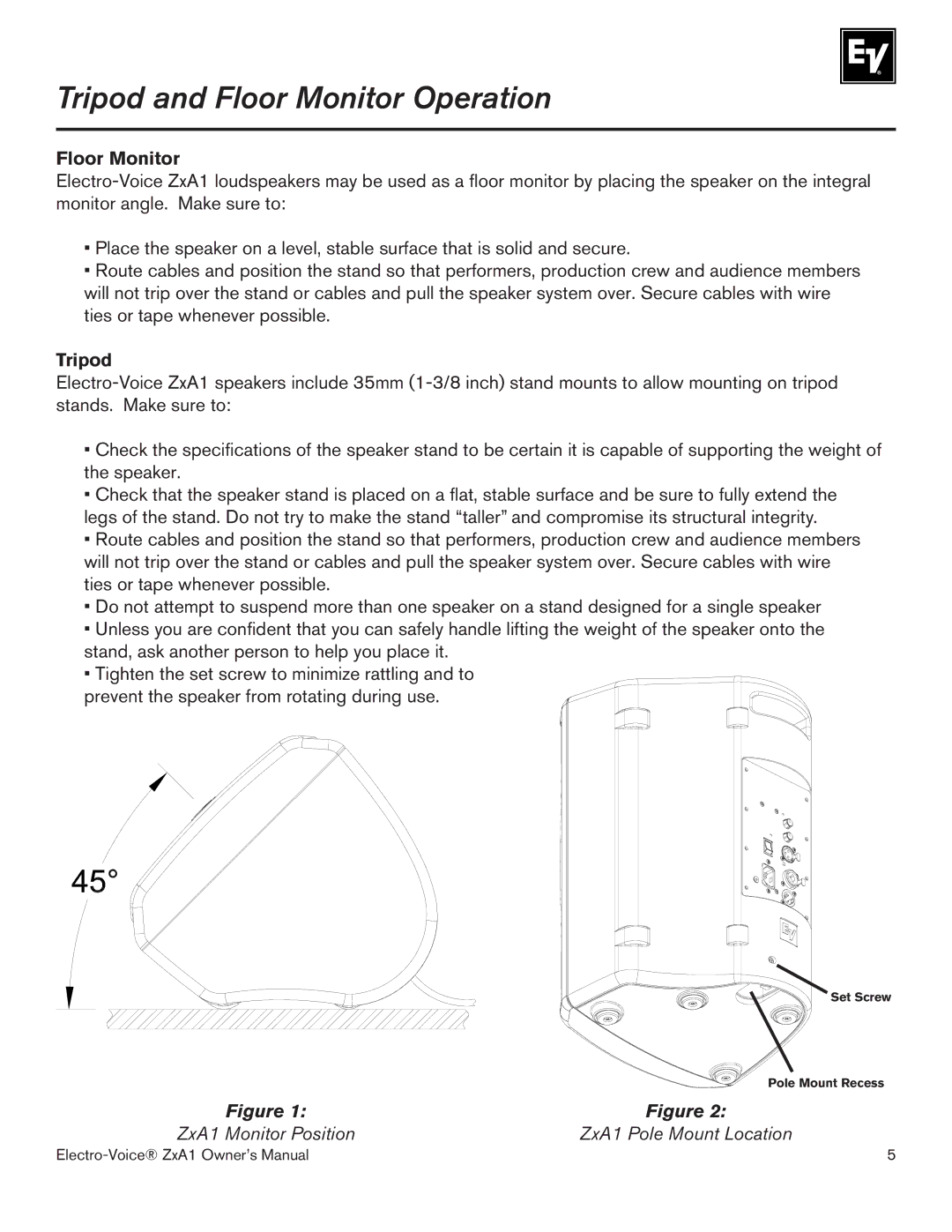 Electro-Voice ZXA1-90, ZXA1-100 owner manual Tripod and Floor Monitor Operation 