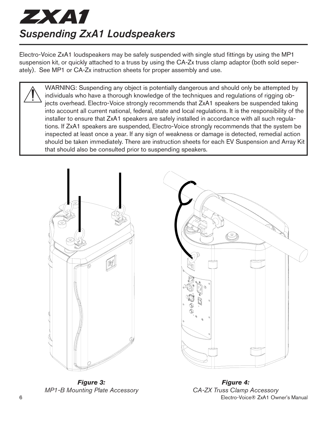 Electro-Voice ZXA1-100, ZXA1-90 owner manual Suspending ZxA1 Loudspeakers 