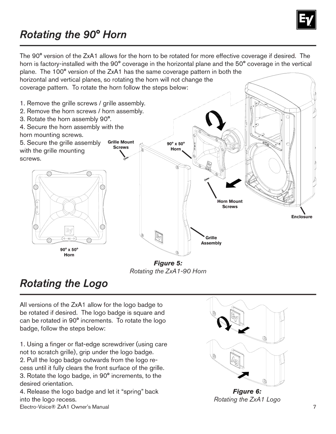 Electro-Voice ZXA1-90, ZXA1-100 owner manual Rotating the 90 Horn, Rotating the Logo 