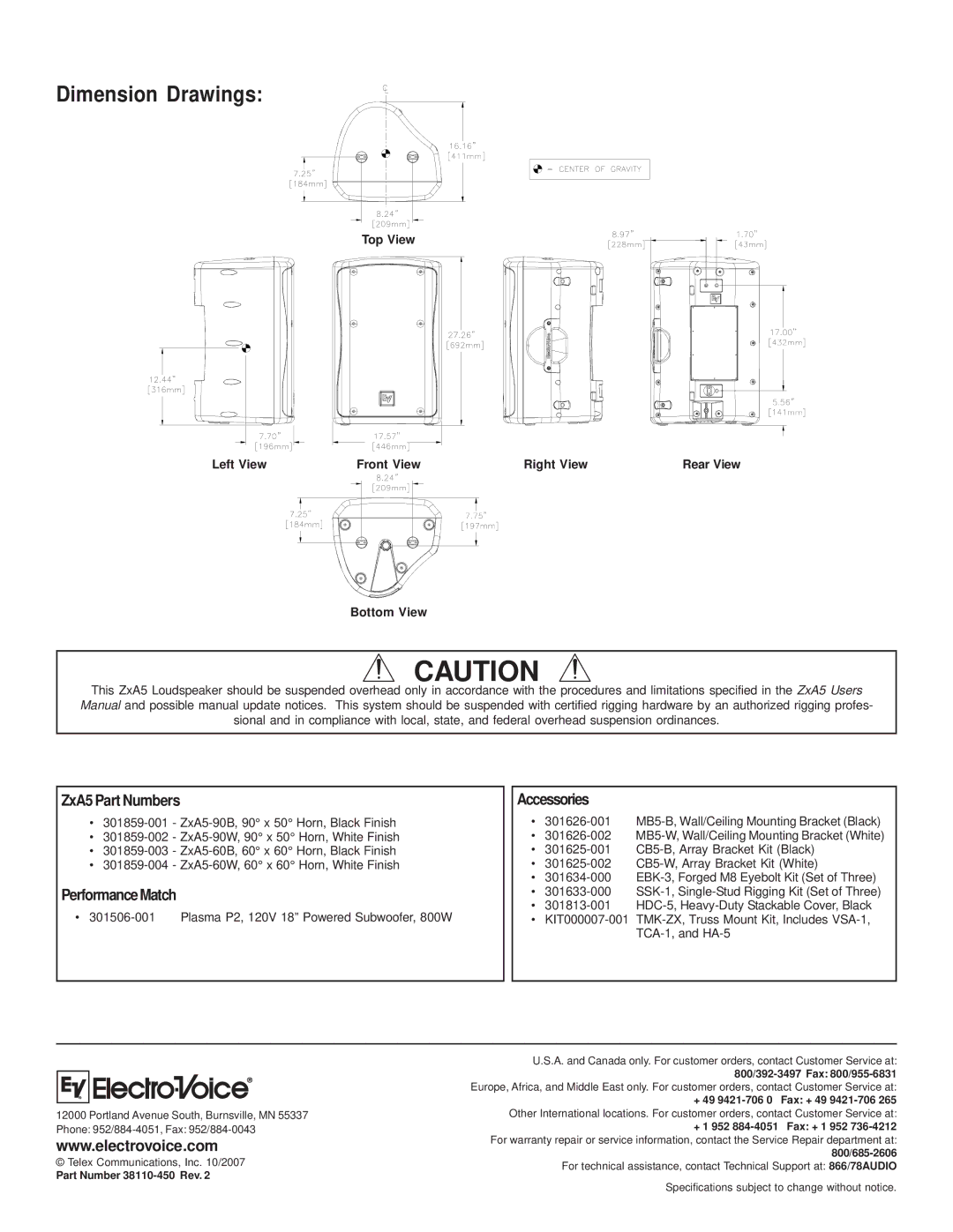 Electro-Voice ZXA5-60 technical specifications Dimension Drawings, ZxA5 Part Numbers 