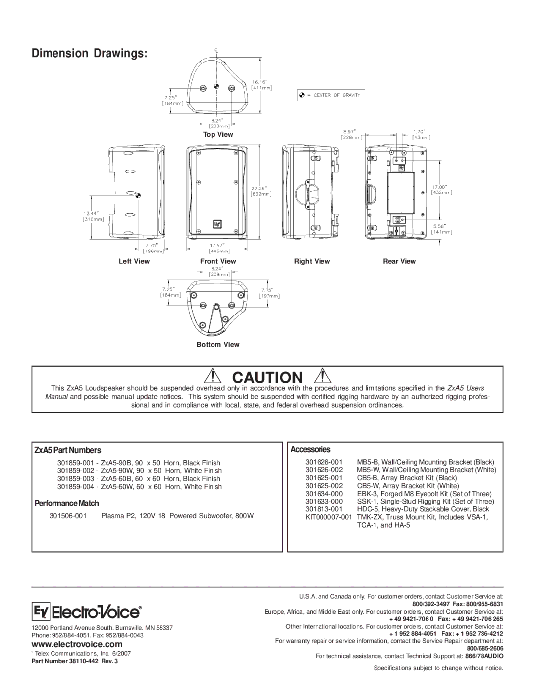 Electro-Voice ZXA5 technical specifications Dimension Drawings, ZxA5 Part Numbers 