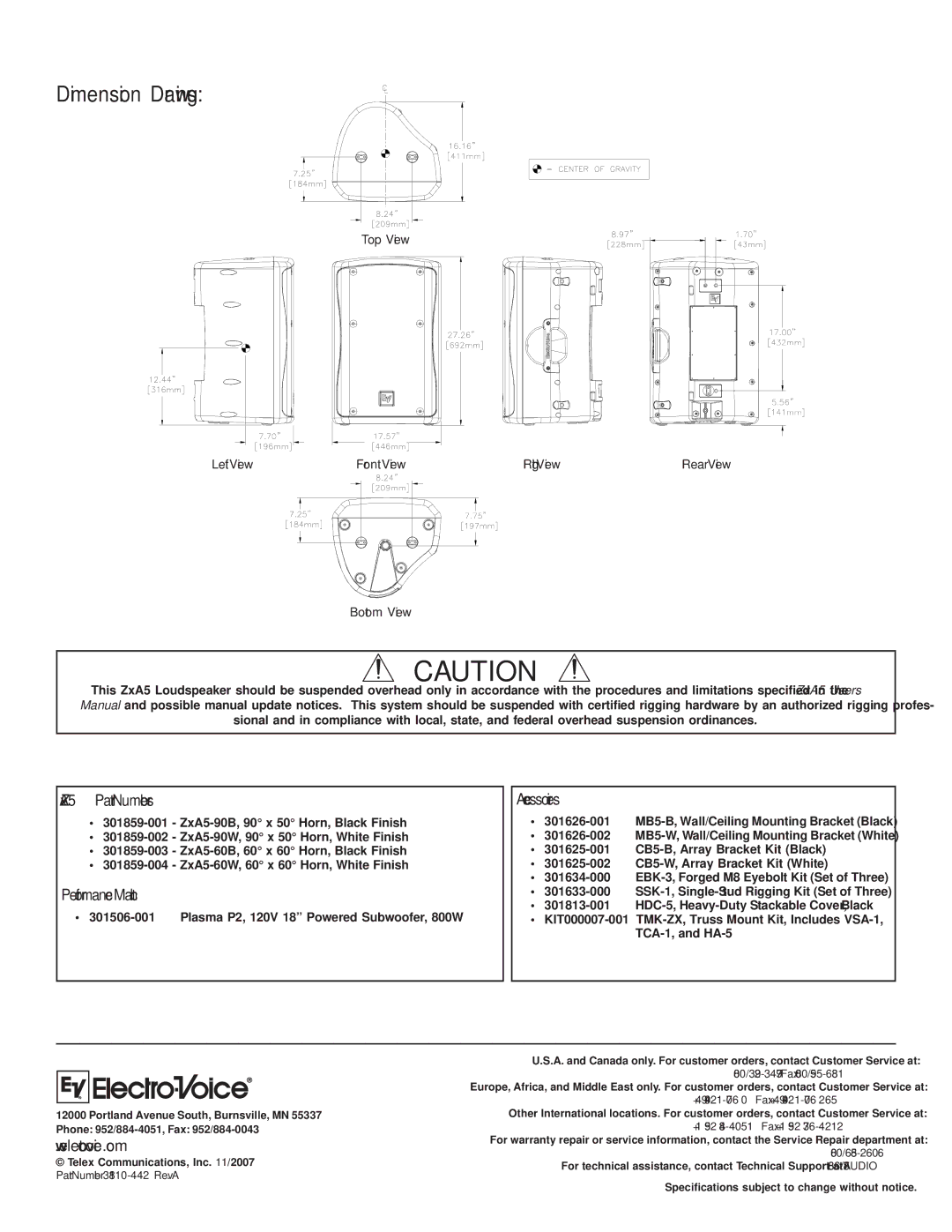 Electro-Voice ZXA590 technical specifications Dimension Drawings, ZxA5 Part Numbers 