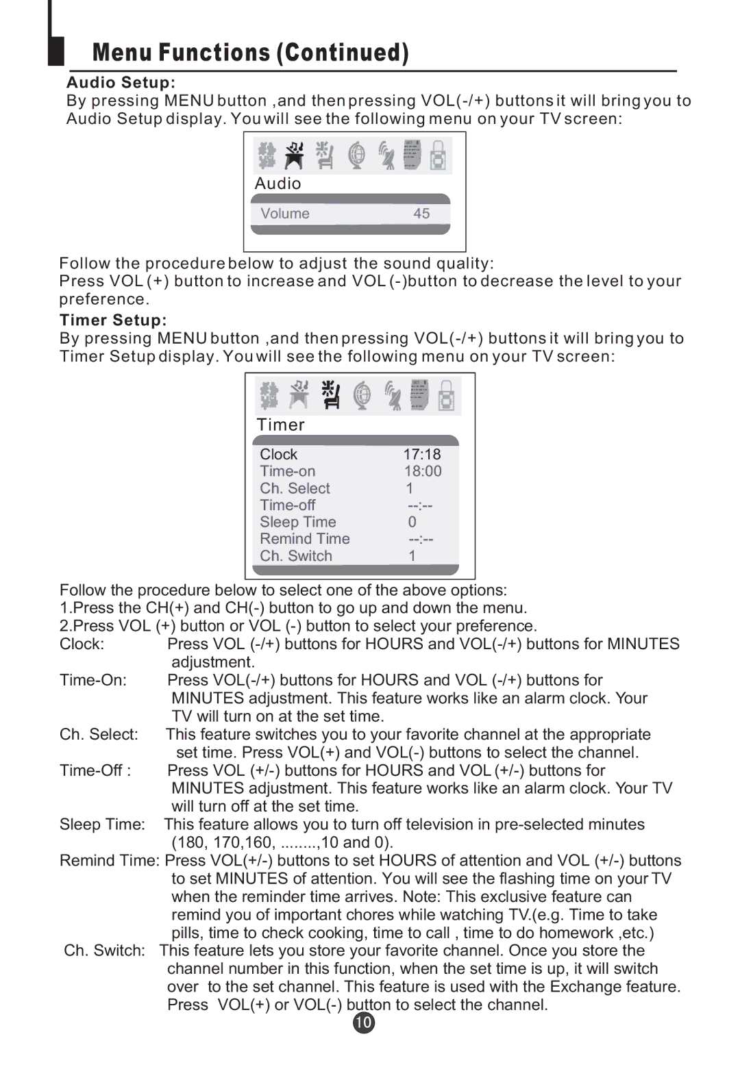 Electrohome 13ED204R user manual Audio Setup, Timer Setup 