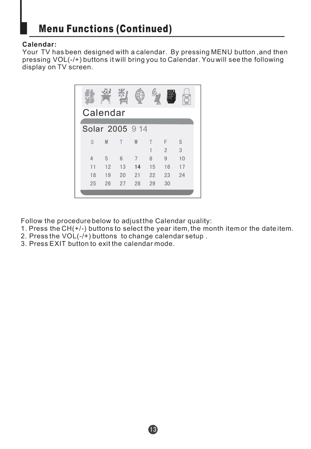 Electrohome 13ED204R user manual Calendar 