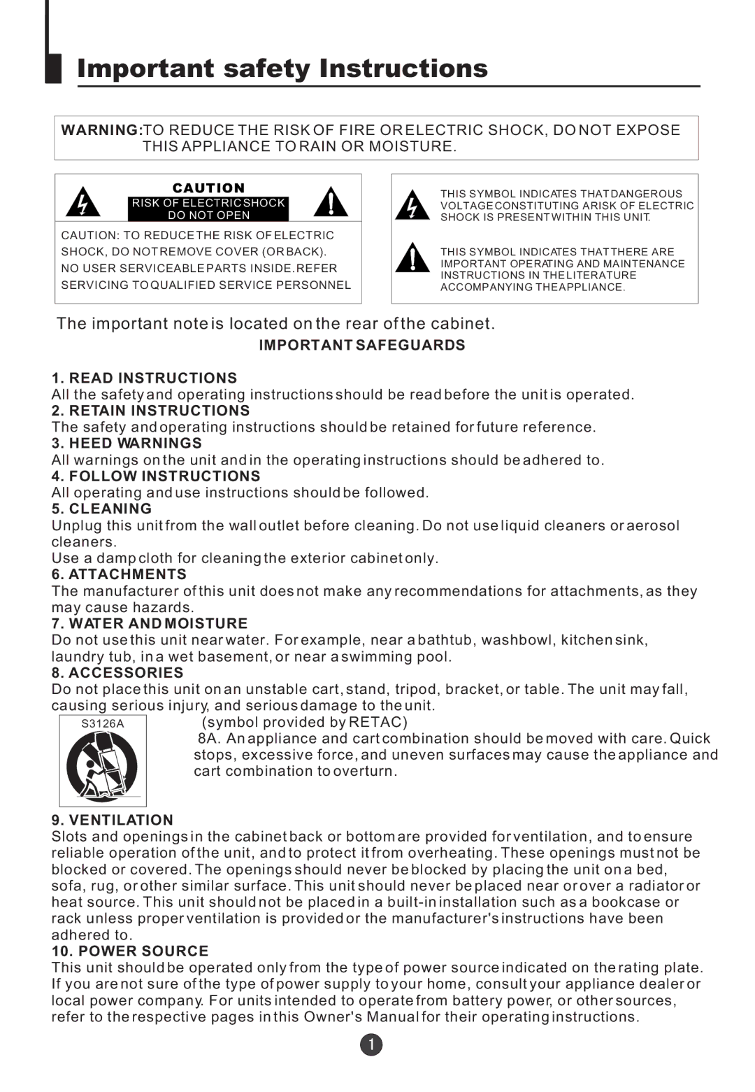 Electrohome 13ED204R user manual Important safety Instructions, This Appliance to Rain or Moisture 