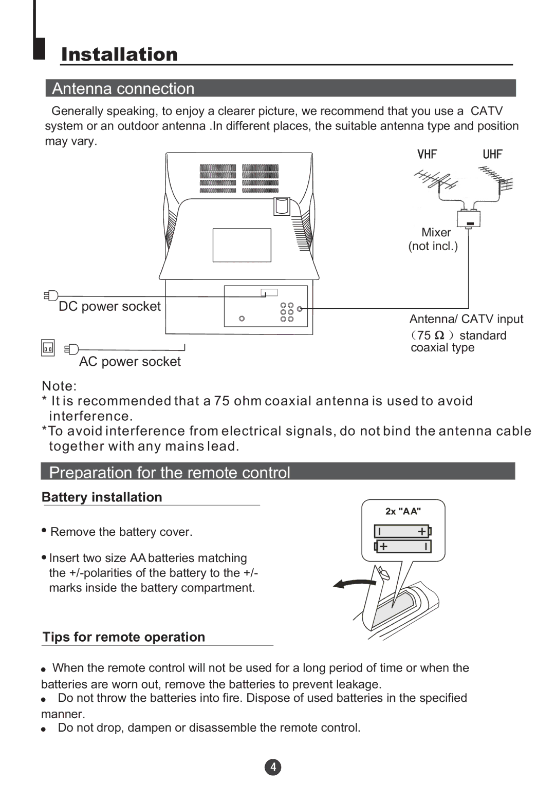 Electrohome 13ED204R user manual Installation, Antenna connection 