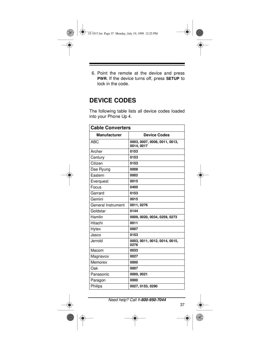 Electrohome 4 owner manual Device Codes, Abc 