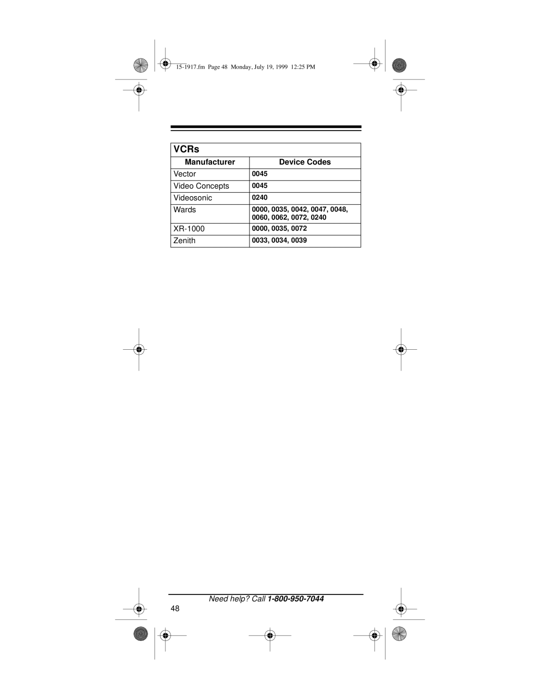 Electrohome 4 owner manual Manufacturer Device Codes Vector 