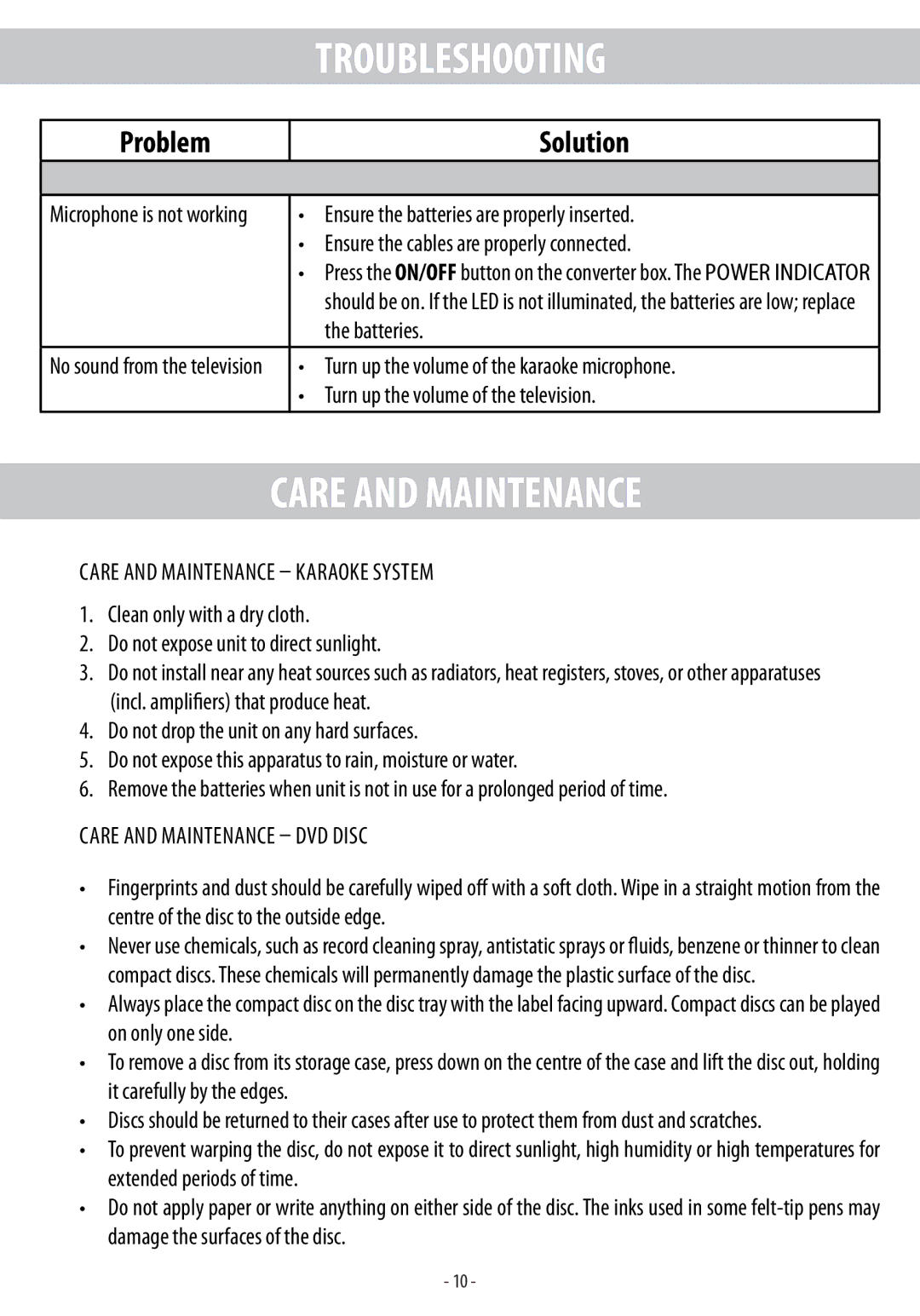 Electrohome EAKAR101 Troubleshooting, Care and Maintenance, Problem Solution, No sound from the television 