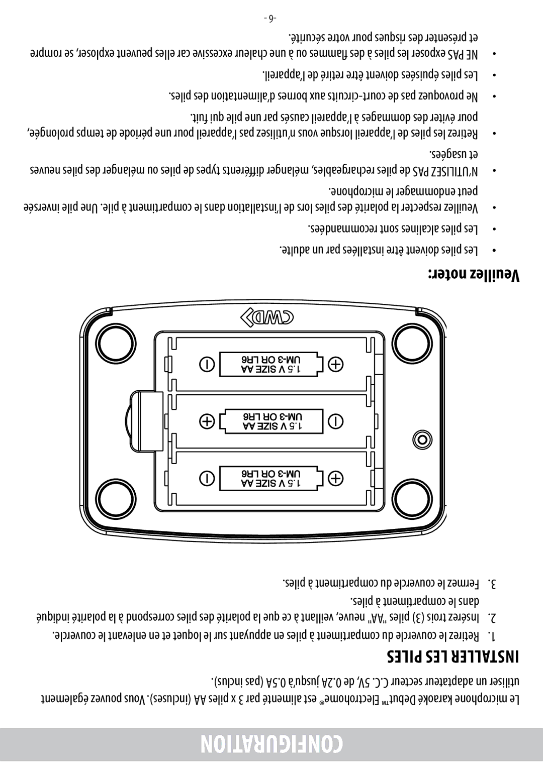 Electrohome EAKAR101 instruction manual Pil, Elses nstallI, Microphone le endommager peut 