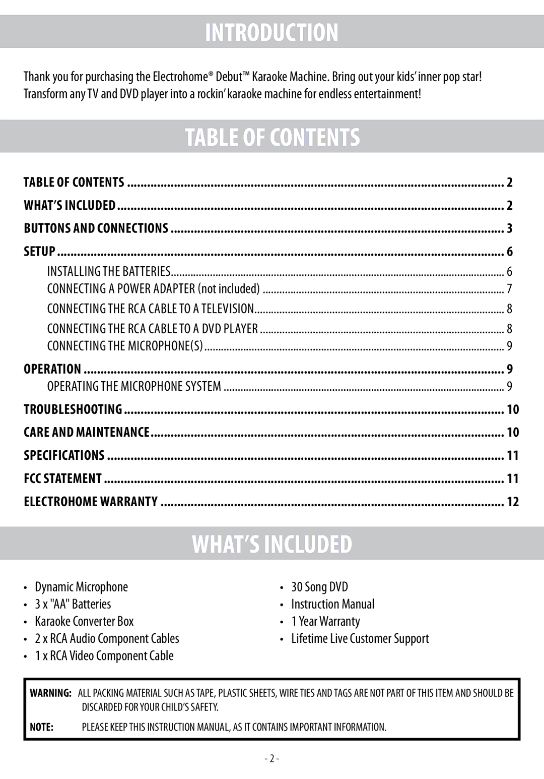 Electrohome EAKAR101 instruction manual Introduction, Table of Contents, WHAT’S Included 