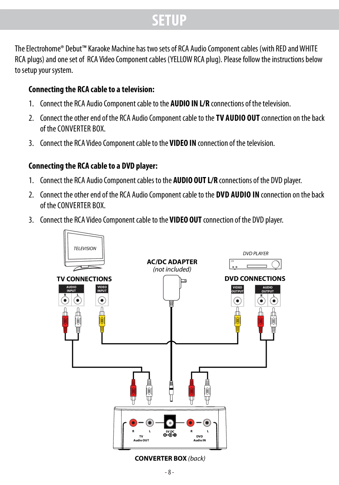 Electrohome EAKAR101 instruction manual Connecting the RCA cable to a television, Connecting the RCA cable to a DVD player 