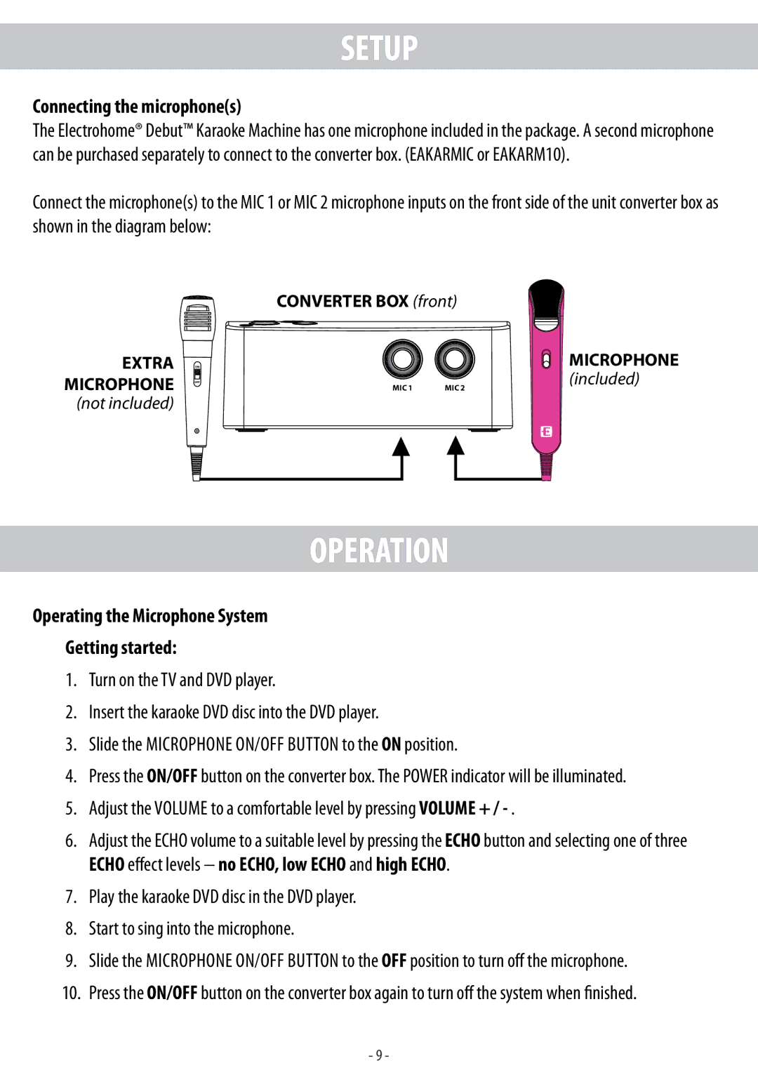 Electrohome EAKAR101 Operation, Connecting the microphones, Operating the Microphone System Getting started 