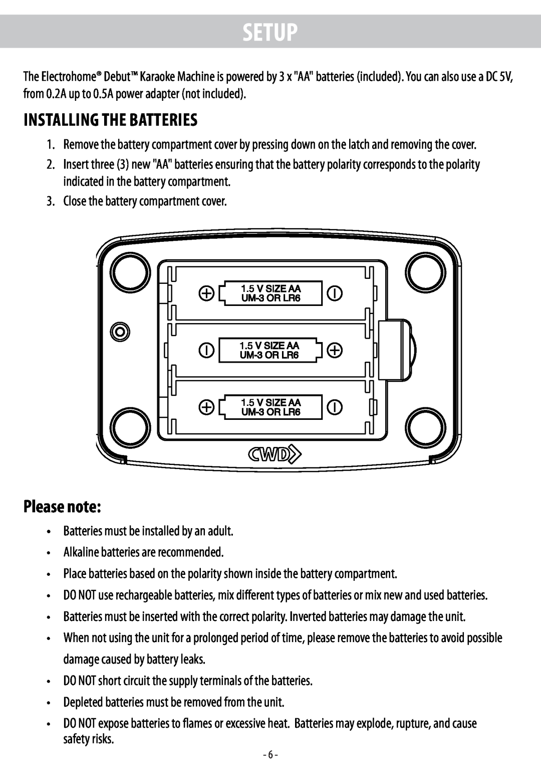 Electrohome EAKAR101 instruction manual Setup, Installing the batteries, Please note 