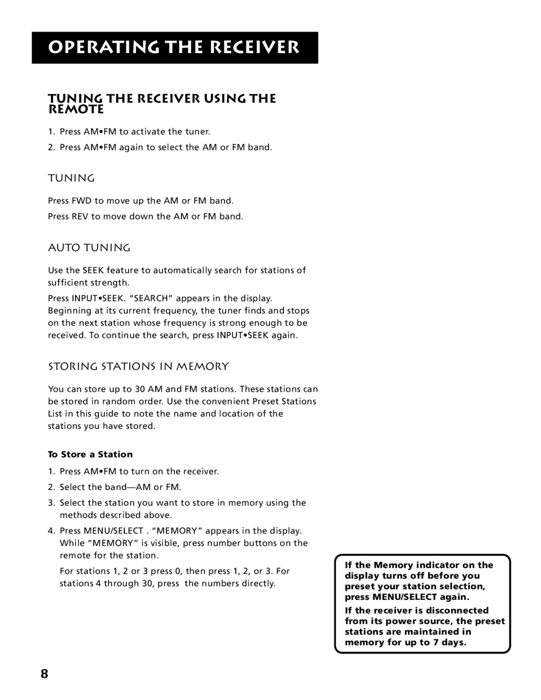 Electrohome RV-3798 manual Tuning the Receiver Using Remote, Auto Tuning, Storing Stations in Memory, To Store a Station 