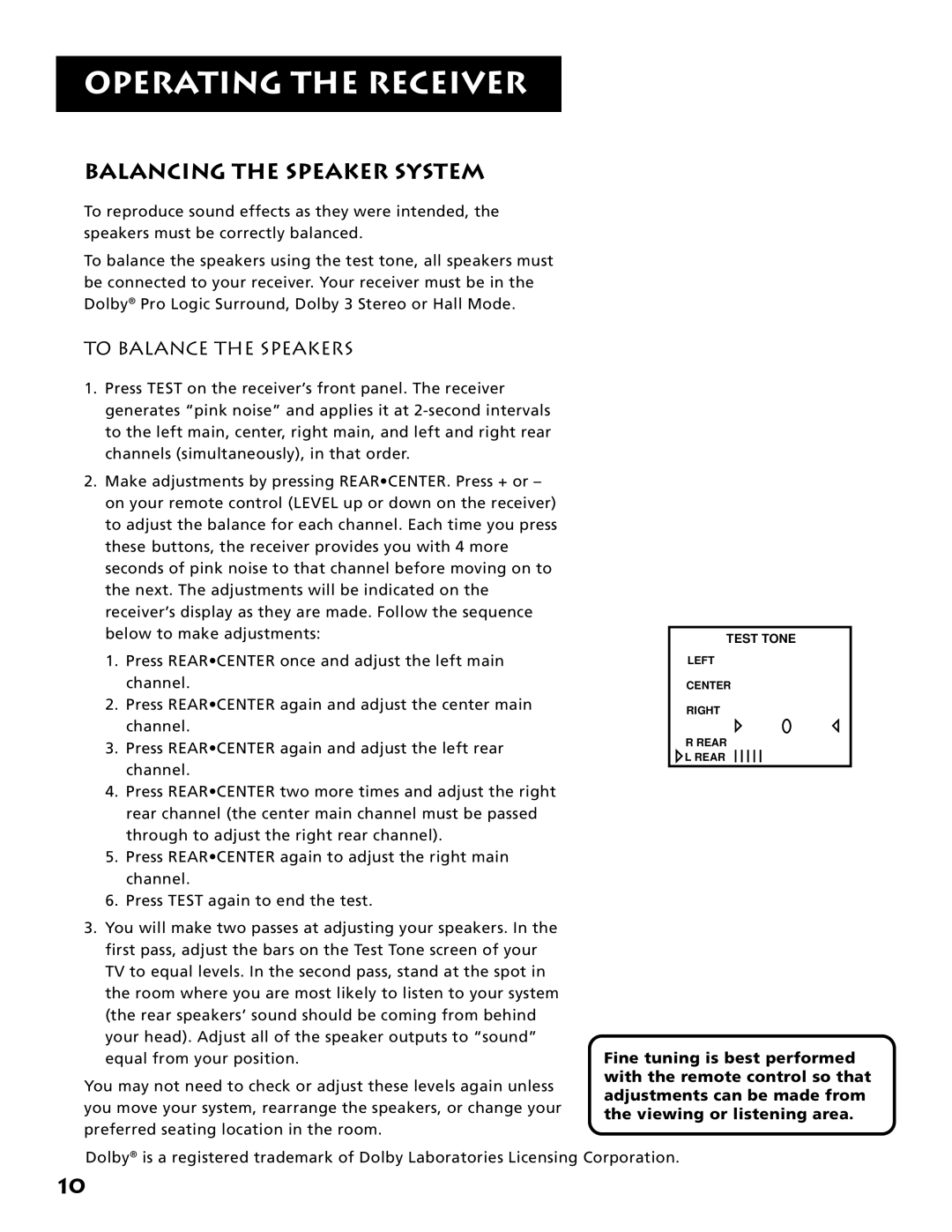 Electrohome RV-3798 manual Balancing the Speaker System, To Balance the Speakers 