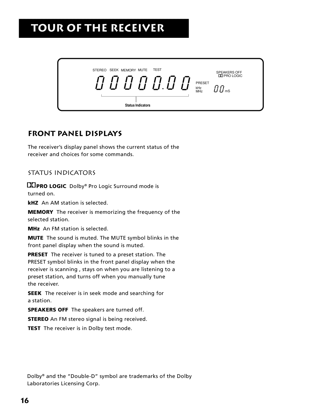 Electrohome RV-3798 manual Front Panel Displays, Status Indicators 