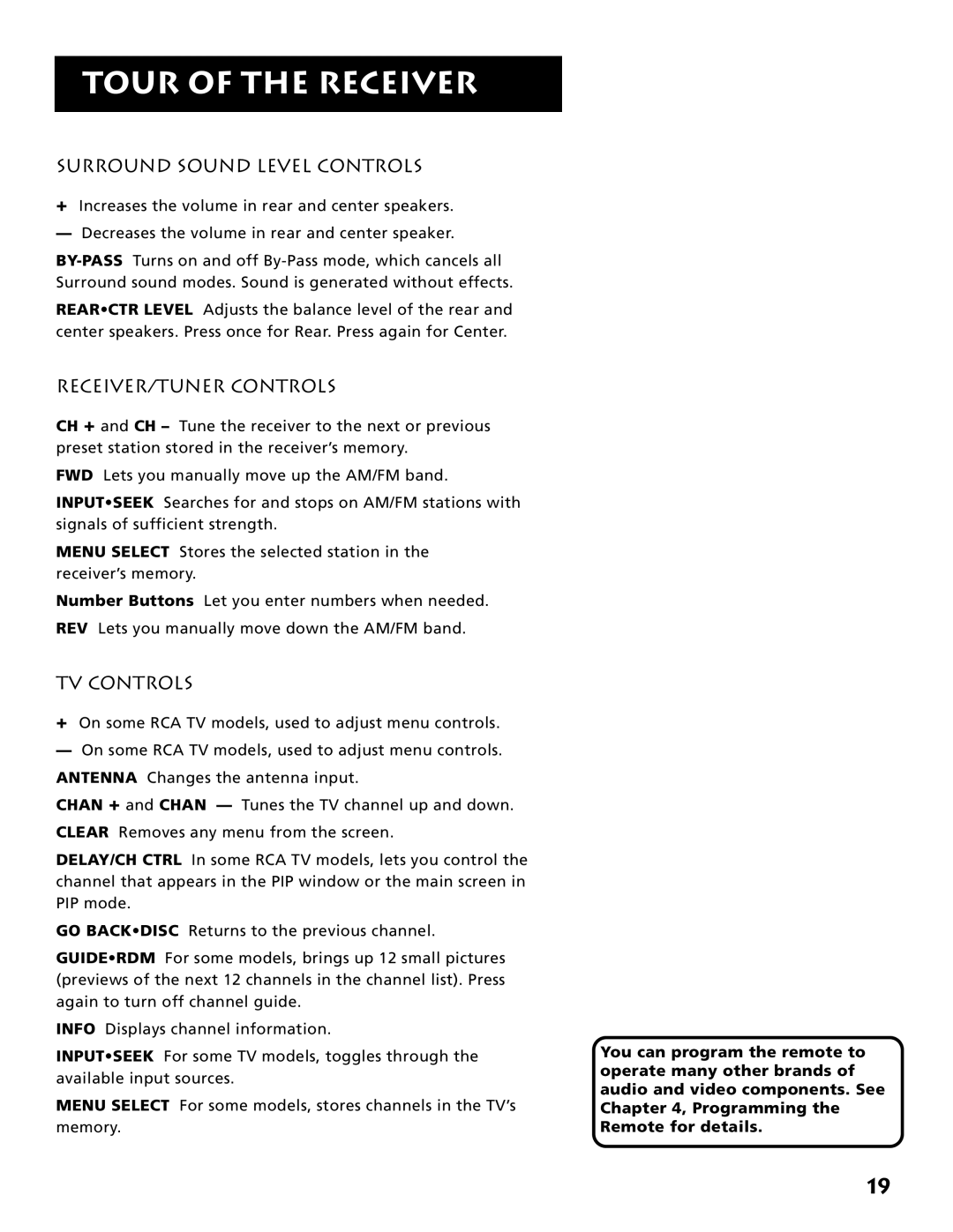 Electrohome RV-3798 manual Surround Sound Level Controls, RECEIVER/TUNER Controls, TV Controls 