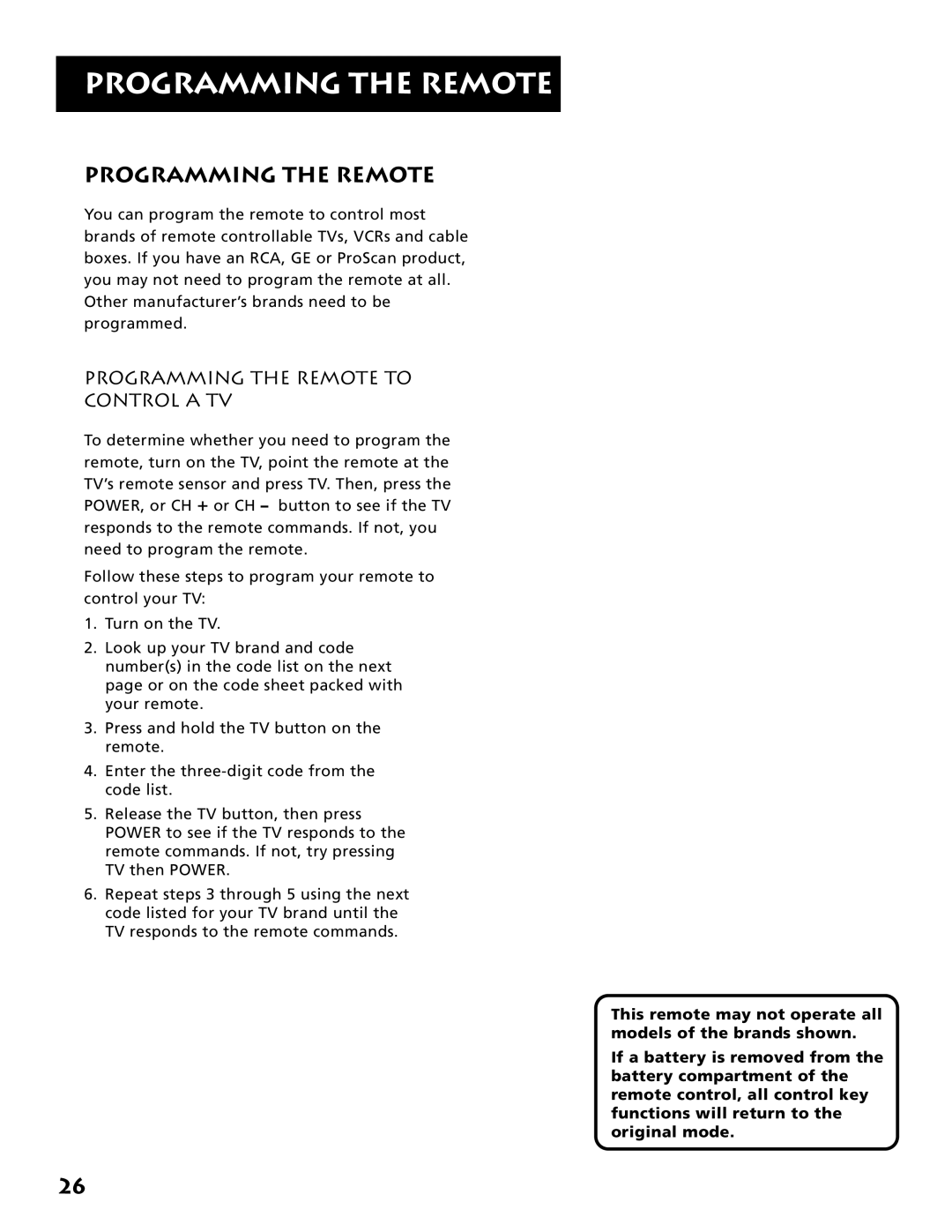 Electrohome RV-3798 manual Programming the Remote to Control a TV 