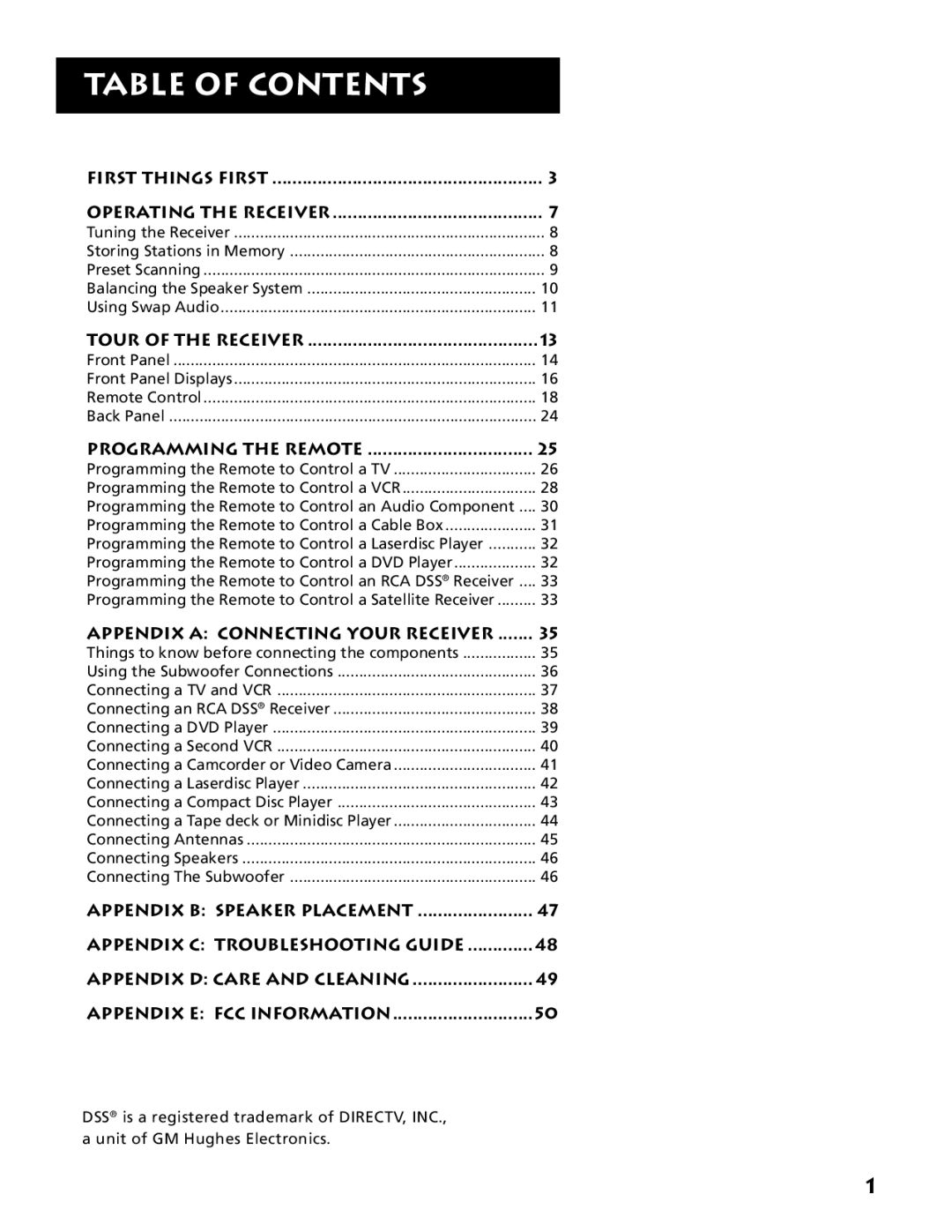 Electrohome RV-3798 manual Table of Contents 