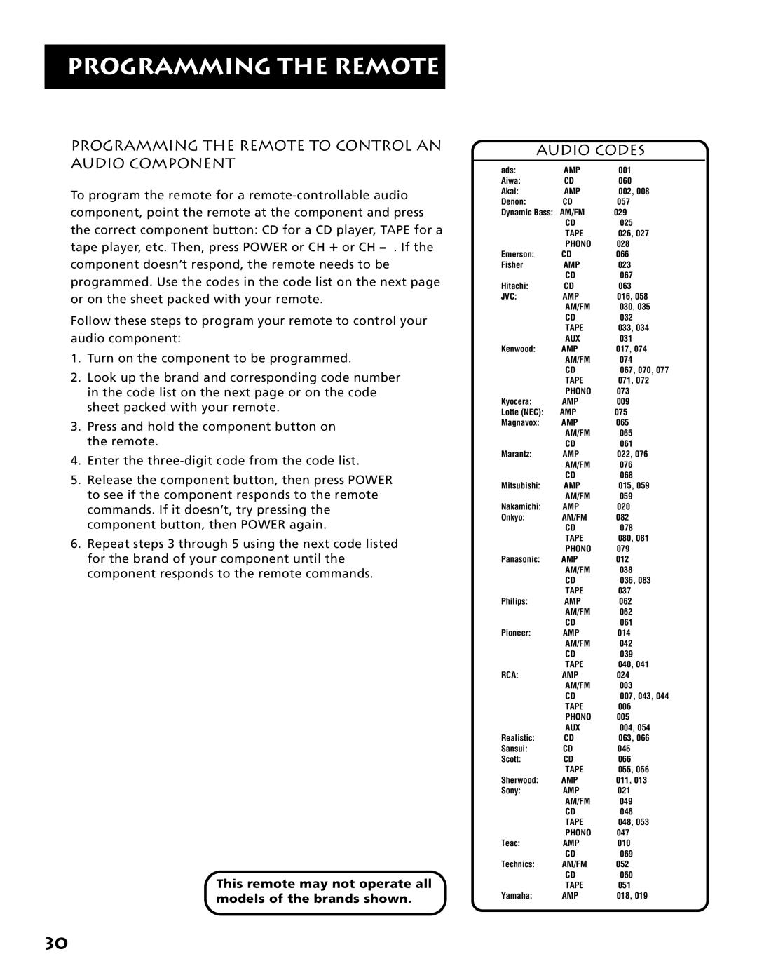 Electrohome RV-3798 manual Programming the Remote to Control AN Audio Component, Audio Codes 