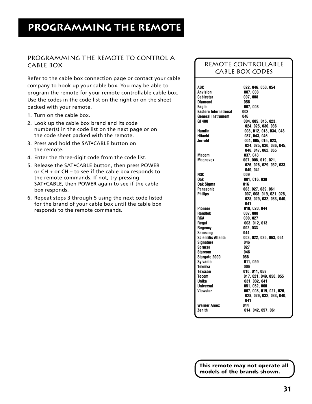 Electrohome RV-3798 manual Programming the Remote to Control a Cable BOX, Remote Controllable Cable BOX Codes 